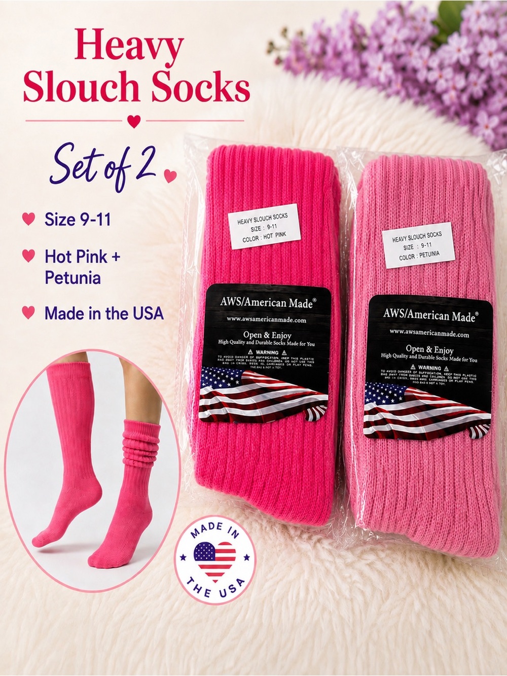 AWS Dk hot Pink and petunia Heavy Slouch Socks - Set of 2
